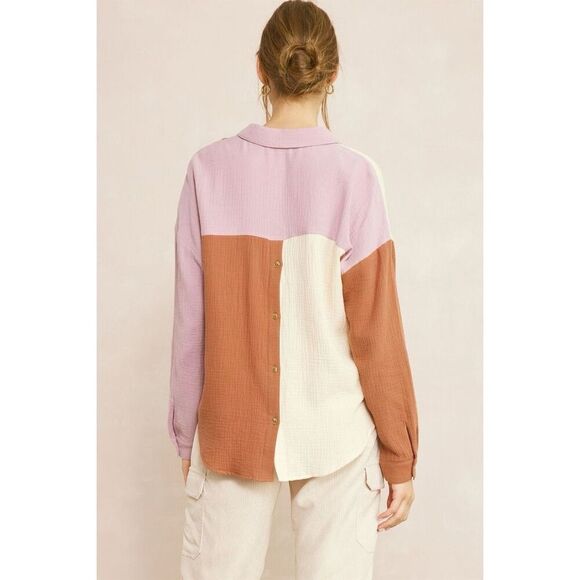 Anthropologie ENTRO Women's Colorblock V-Neck Collared Blouse Size S - Picture 3 of 10